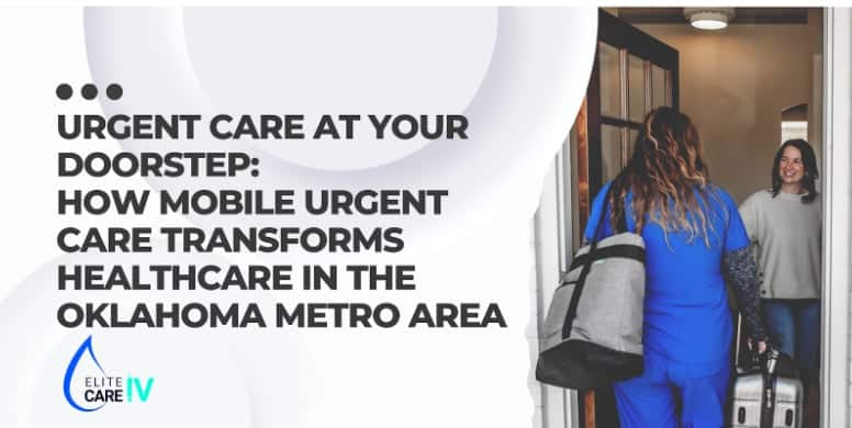 Urgent care at your doorstep - healthcare professional in blue scrubs at patient doorway with Elite Care IV logo